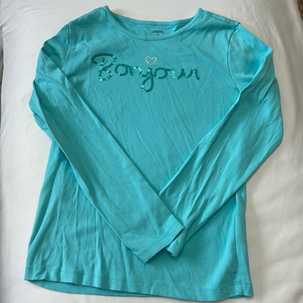 NWOT Gymboree aqua blue long sleeve shirt “Bonjour” written in sparkles.